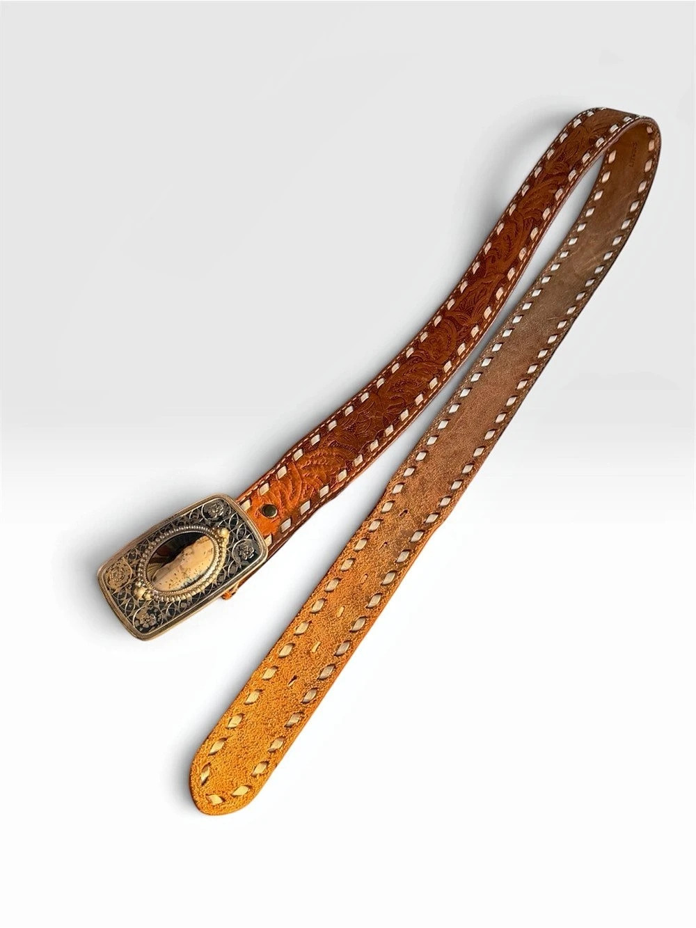 Vintage 1970’s Agate Cabochon Buckle with Brown Western Tooled Leather Belt